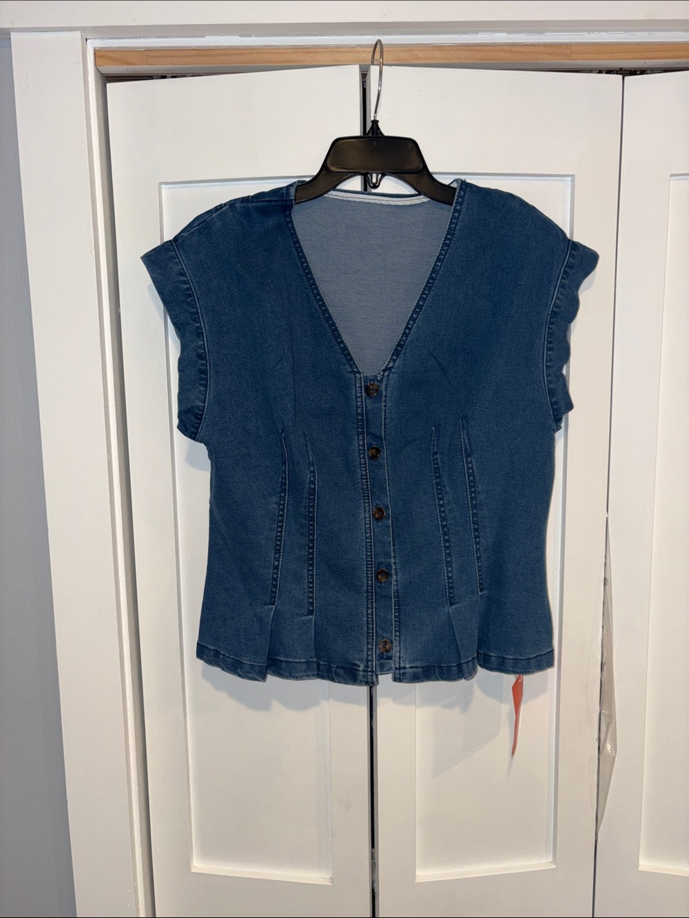 Denim Button-Front V-Neck Top in Deep Blue